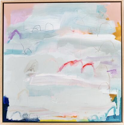 An abstract landscape primarily in pale blue with bright elements