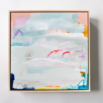 An abstract landscape primarily in pale blue with bright elements