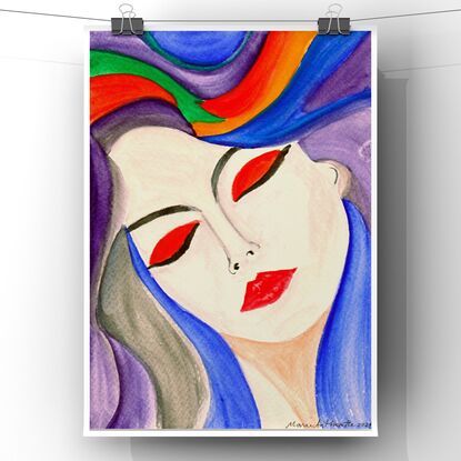 In “Dreamscape Serenity,” I painted a stylized portrait of a woman with her eyes closed and a peaceful expression on her face. Her hair flows around her, blending into a swirling background of vibrant colors—blue, purple, green, orange, and red. The bold red of her lips and eyeshadow stands out against the softer hues, adding a touch of intensity to the otherwise tranquil scene. The fluid lines and blending of colors create a dreamlike quality, evoking a sense of calm and introspection.