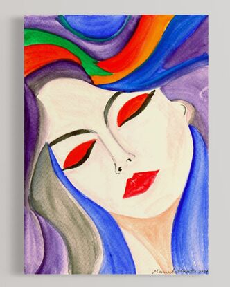 In “Dreamscape Serenity,” I painted a stylized portrait of a woman with her eyes closed and a peaceful expression on her face. Her hair flows around her, blending into a swirling background of vibrant colors—blue, purple, green, orange, and red. The bold red of her lips and eyeshadow stands out against the softer hues, adding a touch of intensity to the otherwise tranquil scene. The fluid lines and blending of colors create a dreamlike quality, evoking a sense of calm and introspection.