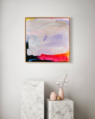 An abstract painting in pale greys and purples with deep bright undertones