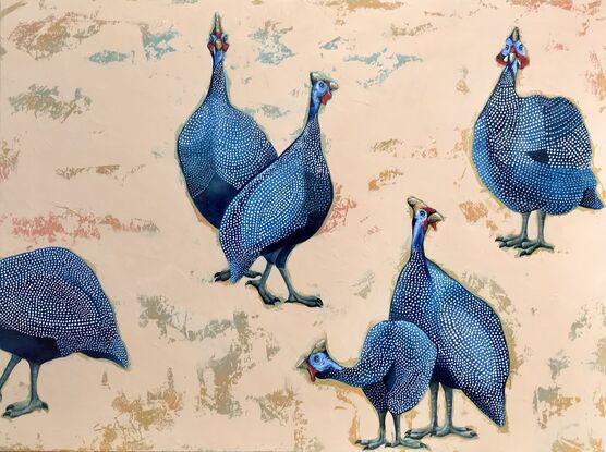 Six Guinea fowl on a textured abstract background.