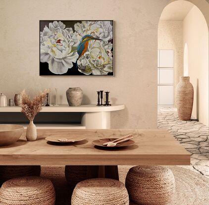 Beautiful Australian native kingfisher bird sitting amongst white peony flowers against a black background with a natural wood frame.