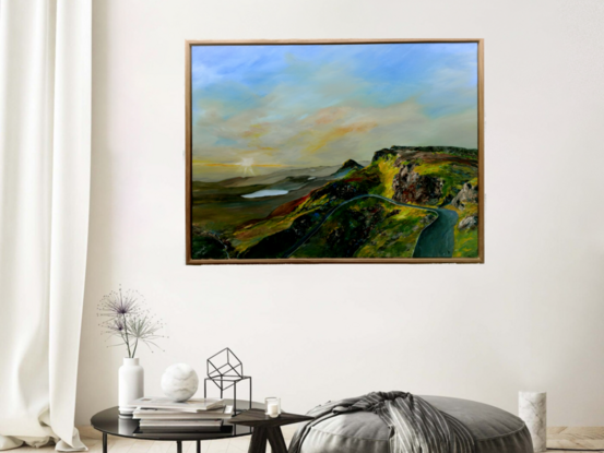 Picturesque dawn painting of green fields, rocky outcrops and rolling plains