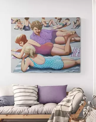 Three  females lie on the beach deep in discussion. Many figures lie behind them at the top of the painting. One has a blue and white spotted low back swimsuit, another has a maroon/purple swimsuit, the other has a long sleeve floral shirt and shorts.