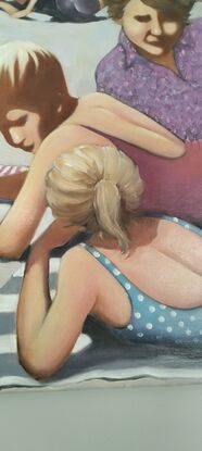 Three  females lie on the beach deep in discussion. Many figures lie behind them at the top of the painting. One has a blue and white spotted low back swimsuit, another has a maroon/purple swimsuit, the other has a long sleeve floral shirt and shorts.