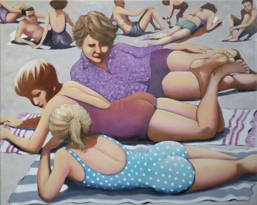 Three  females lie on the beach deep in discussion. Many figures lie behind them at the top of the painting. One has a blue and white spotted low back swimsuit, another has a maroon/purple swimsuit, the other has a long sleeve floral shirt and shorts.