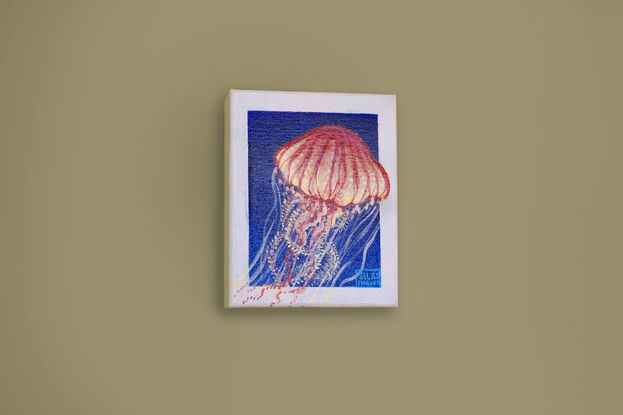 A vibrant acrylic painting of a jellyfish. The jellyfish has a warm, orange and red bell and delicate tentacles in white and pink. It is set against a deep blue background, creating a striking contrast that makes the jellyfish appear to float off the canvas. The artist's signature, "Silas Ingles," is visible in the bottom right corner.