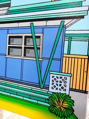 A fun, vibrant and colourful depiction of an Australian beach shack from yesteryear. This artwork is Feelin' Breezy's (pink beach shack) neighbours, painted in a complimentary blue. The palm trees are swaying, the sky is blue and the grass is green. You can almost smell the salty air in the breeze, feel the sand between your toes and hear Mr Whippy driving up the street.