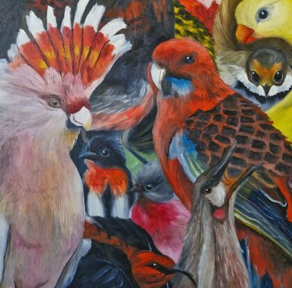 A large, colourful painting inspired by the valiant and beautiful birds you find while sitting in your backyard in Melbourne, or exploring a national park in regional Victoria with a field guide in your hand. 