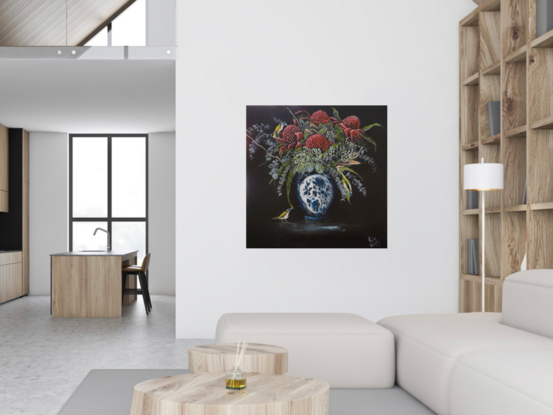 Waratahs and honeyeaters in a blue and white vase