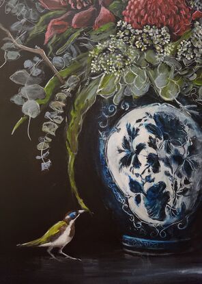 Waratahs and honeyeaters in a blue and white vase