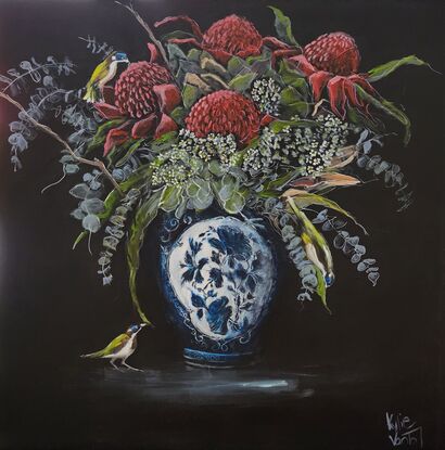 Waratahs and honeyeaters in a blue and white vase