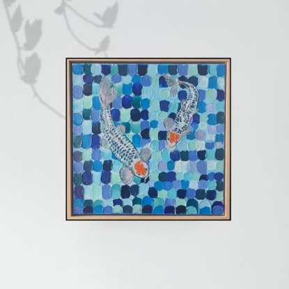 Acrylic paint on canvas, Koi fish in a pond, shades of blues, impasto gel medium to create the water background, beautiful brush strokes, happy painting, ready to hang 