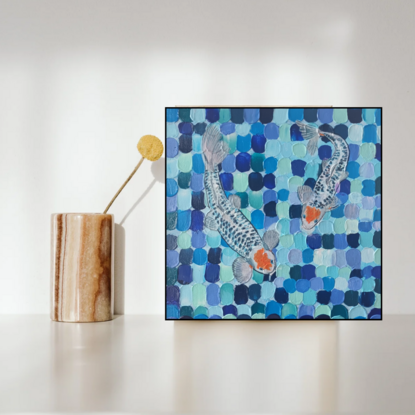 Acrylic paint on canvas, Koi fish in a pond, shades of blues, impasto gel medium to create the water background, beautiful brush strokes, happy painting, ready to hang 