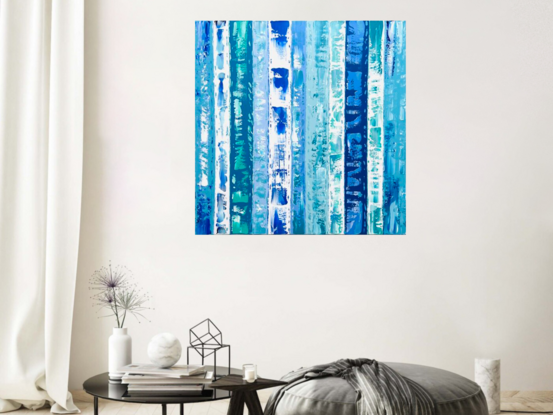 This painting embodies vibrant impasto layers of  blues, aquas, and turquoise colors, with highlights of white,  reminiscent of an abstract ode to the ocean, waves, and beaches.