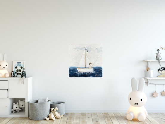 Coastal figurative painting featuring a boy fishing out of  his sailing boat