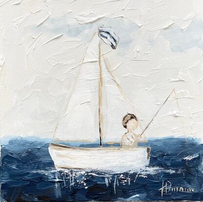 Coastal figurative painting featuring a boy fishing out of  his sailing boat