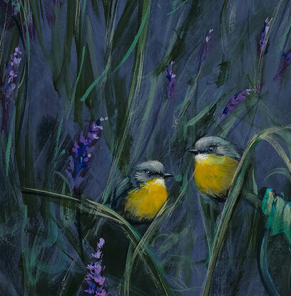 two yellow robins are conversing with each other around tha small bushes of lavender plants and the jasmine plants under the moonlight in the original painting by priya Gore