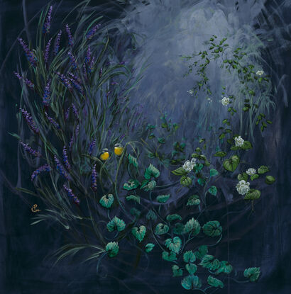 two yellow robins are conversing with each other around tha small bushes of lavender plants and the jasmine plants under the moonlight in the original painting by priya Gore