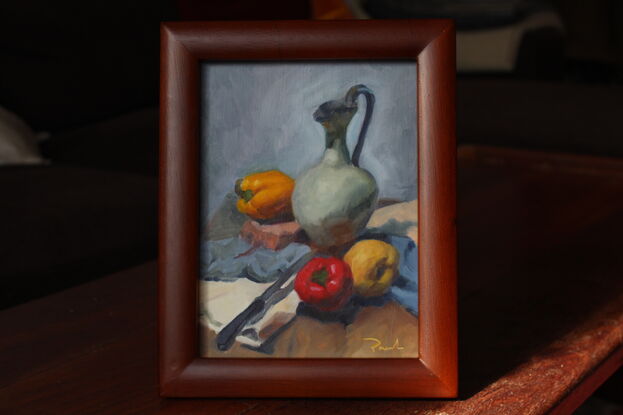 Original oil painting of jug, fruit, knife on table.