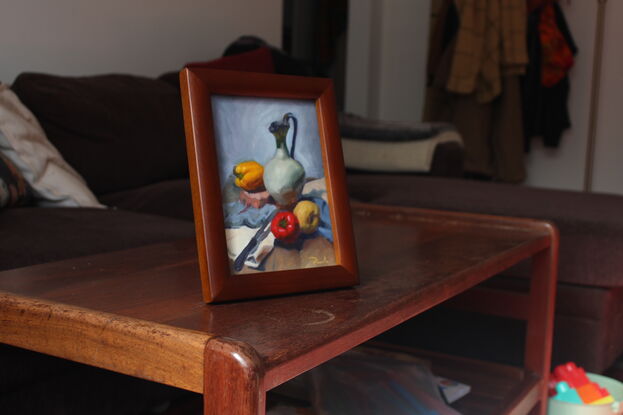 Original oil painting of jug, fruit, knife on table.