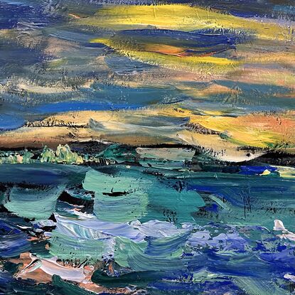 Rich orange and golden yellow sunset envelopes the sky, the choppy waters below  in  a palette of stunning  teals and blues creates  movement in the painting that draws the eye into the canvas.  The sky, the ocean and the island create a stunning painting suitable
For any decor. 