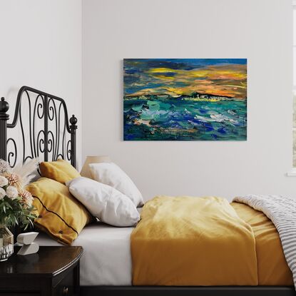 Rich orange and golden yellow sunset envelopes the sky, the choppy waters below  in  a palette of stunning  teals and blues creates  movement in the painting that draws the eye into the canvas.  The sky, the ocean and the island create a stunning painting suitable
For any decor. 