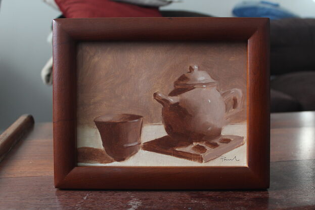 Original oil painting of kettle/pot and cup, painted in monochrome.