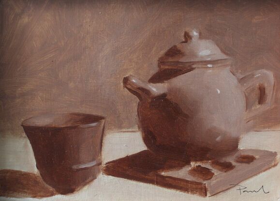 Original oil painting of kettle/pot and cup, painted in monochrome.