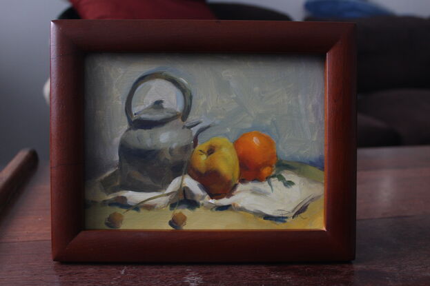 Original oil painting of grey kettle/pot and two pieces of fruit on table.