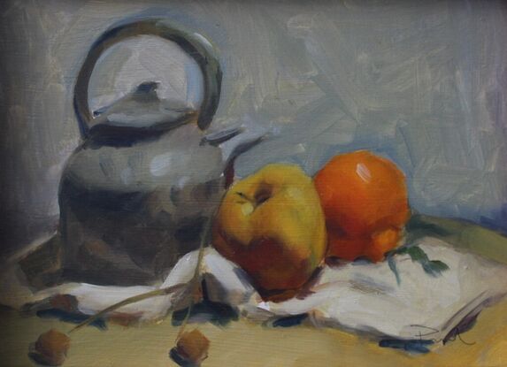 Original oil painting of grey kettle/pot and two pieces of fruit on table.