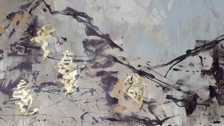 a large abstract of mountains and hills and trees  in pale  blue, beige, dark brown and white and gold leaf