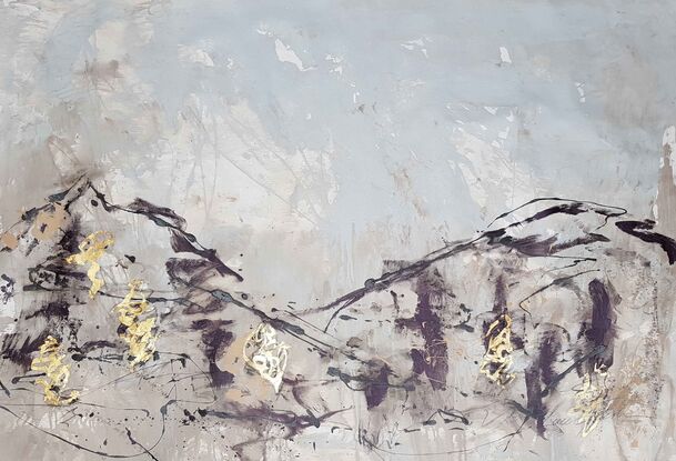 a large abstract of mountains and hills and trees  in pale  blue, beige, dark brown and white and gold leaf