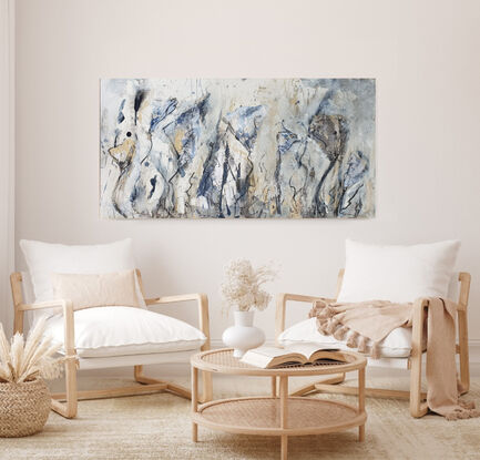 an abstract landscape of wild grass and wild flowers in beige, blue, black and grey