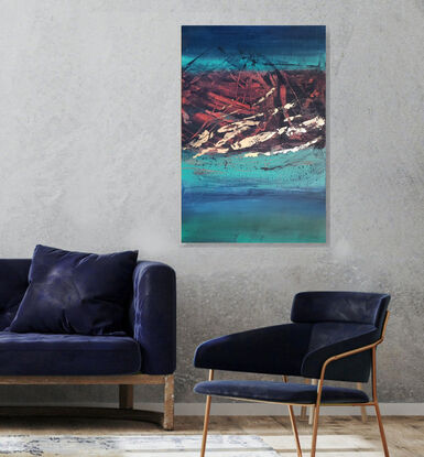 An abstract of the sea, dunes with navy blue, terracotta, aqua, teal, blue with gold leaf.  