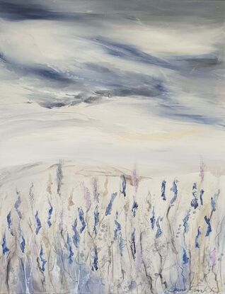 An abstract landscape of lupins in blues and purples with a storm sky