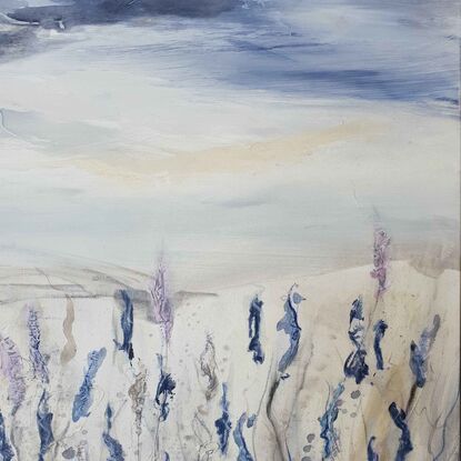 An abstract landscape of lupins in blues and purples with a storm sky