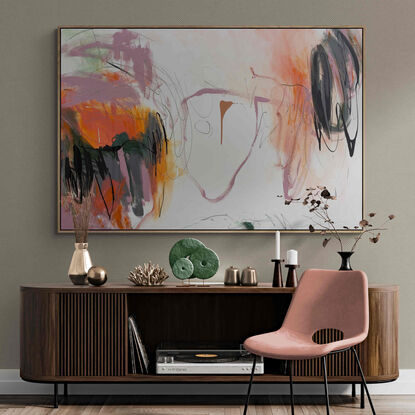 neutral and subtle pinks and apricot, orange tones blended with areas of blush, sage, grey, white and black expressive marks across an extra large canvas