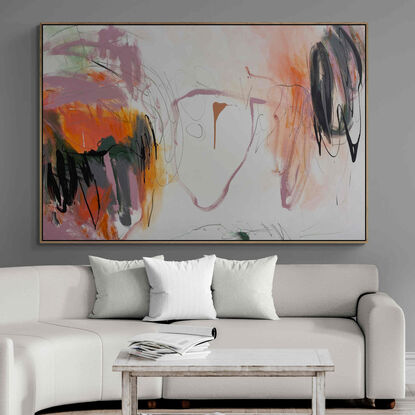 neutral and subtle pinks and apricot, orange tones blended with areas of blush, sage, grey, white and black expressive marks across an extra large canvas