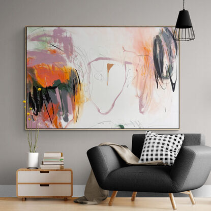 neutral and subtle pinks and apricot, orange tones blended with areas of blush, sage, grey, white and black expressive marks across an extra large canvas