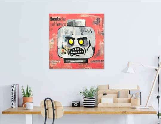 Lego zombie head mixed media collage painting