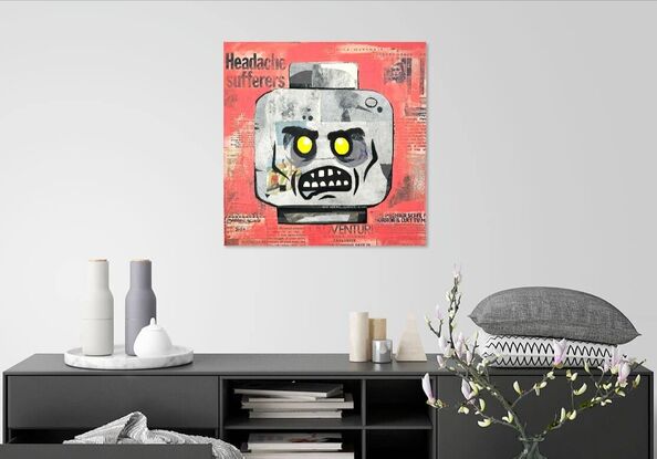 Lego zombie head mixed media collage painting