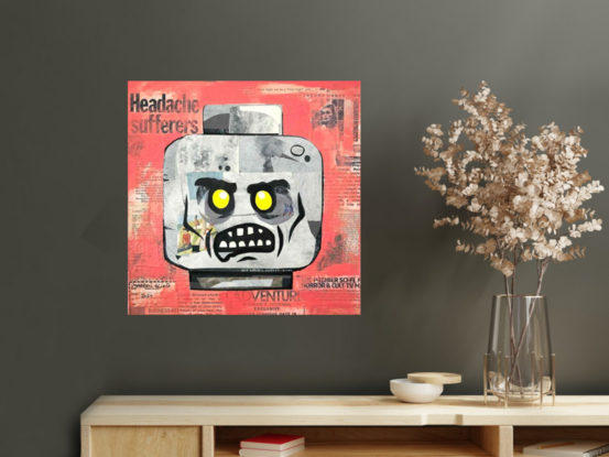 Lego zombie head mixed media collage painting