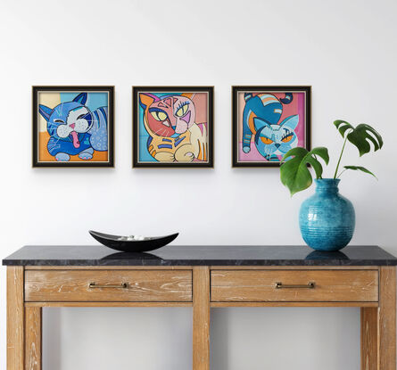 Graphic style cats in bright colours triptych