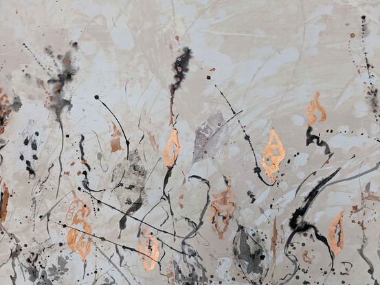 a large abstract painting of banksia trees and a mountain in earth tones of beige, cream, ohcre, brown and copper leaf.