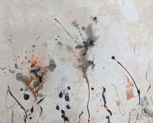 a large abstract painting of banksia trees and a mountain in earth tones of beige, cream, ohcre, brown and copper leaf.