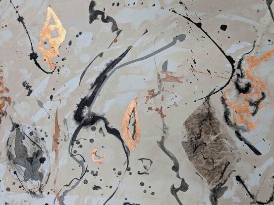 a large abstract painting of banksia trees and a mountain in earth tones of beige, cream, ohcre, brown and copper leaf.