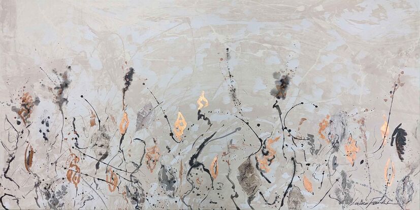 a large abstract painting of banksia trees and a mountain in earth tones of beige, cream, ohcre, brown and copper leaf.