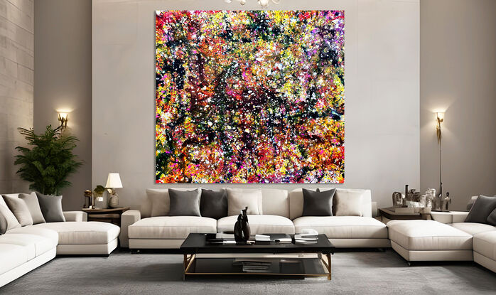 Images show the painting in two lounge rooms with high ceilings.